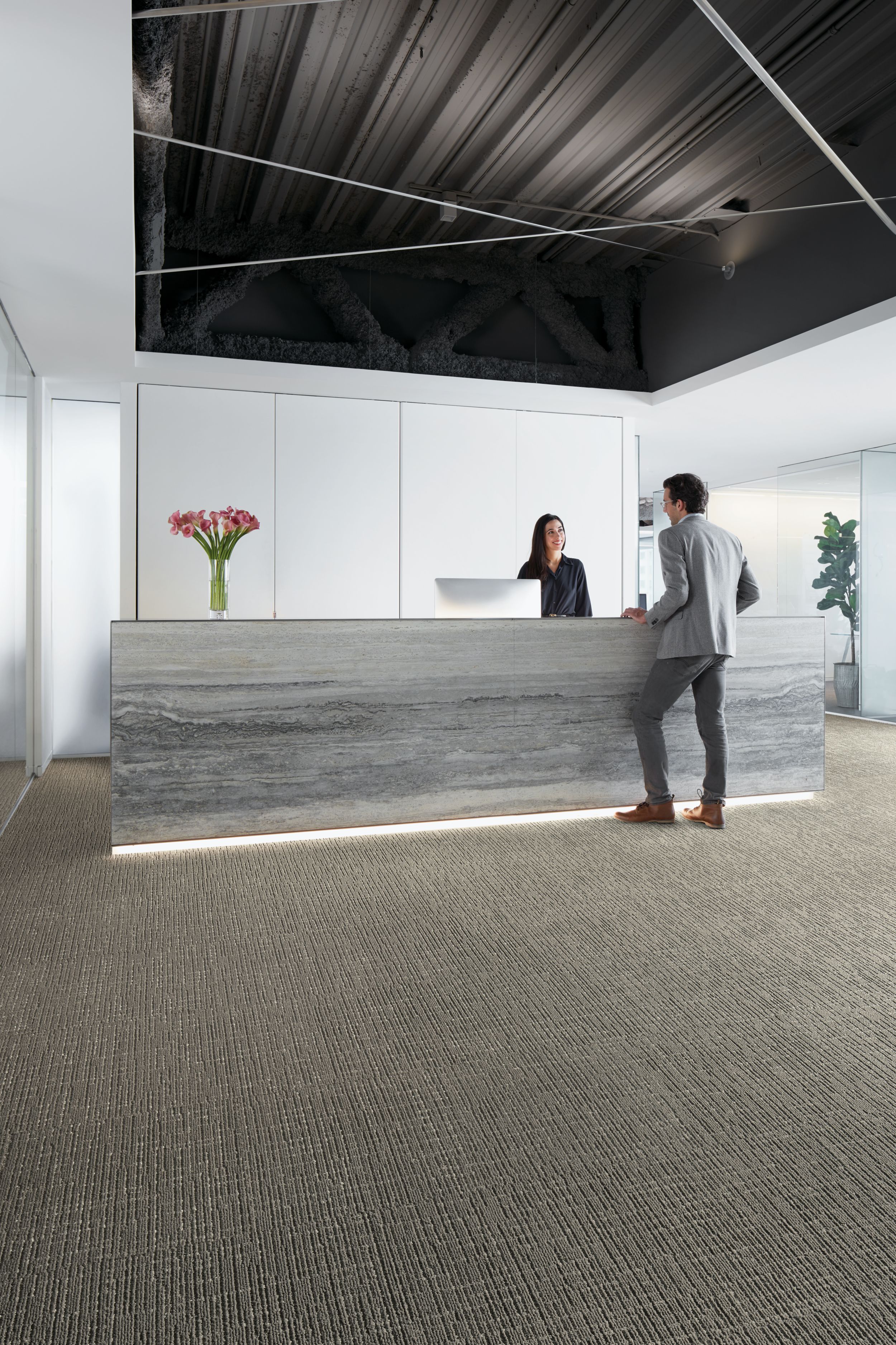 Interface Night Flight carpet tile in office lobby with man talking to receptionist image number 10